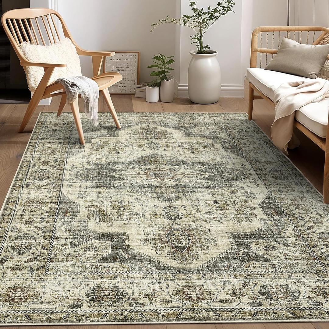 Area Rugs 8x10 Living Room Rug Non Slip Washable Rug Vintage Medallion Distressed Floor Cover Ultra-Thin Stain-Resistant Throw Carpet for Bedroom Dining Room Home Office Playroom Dorm Taupe