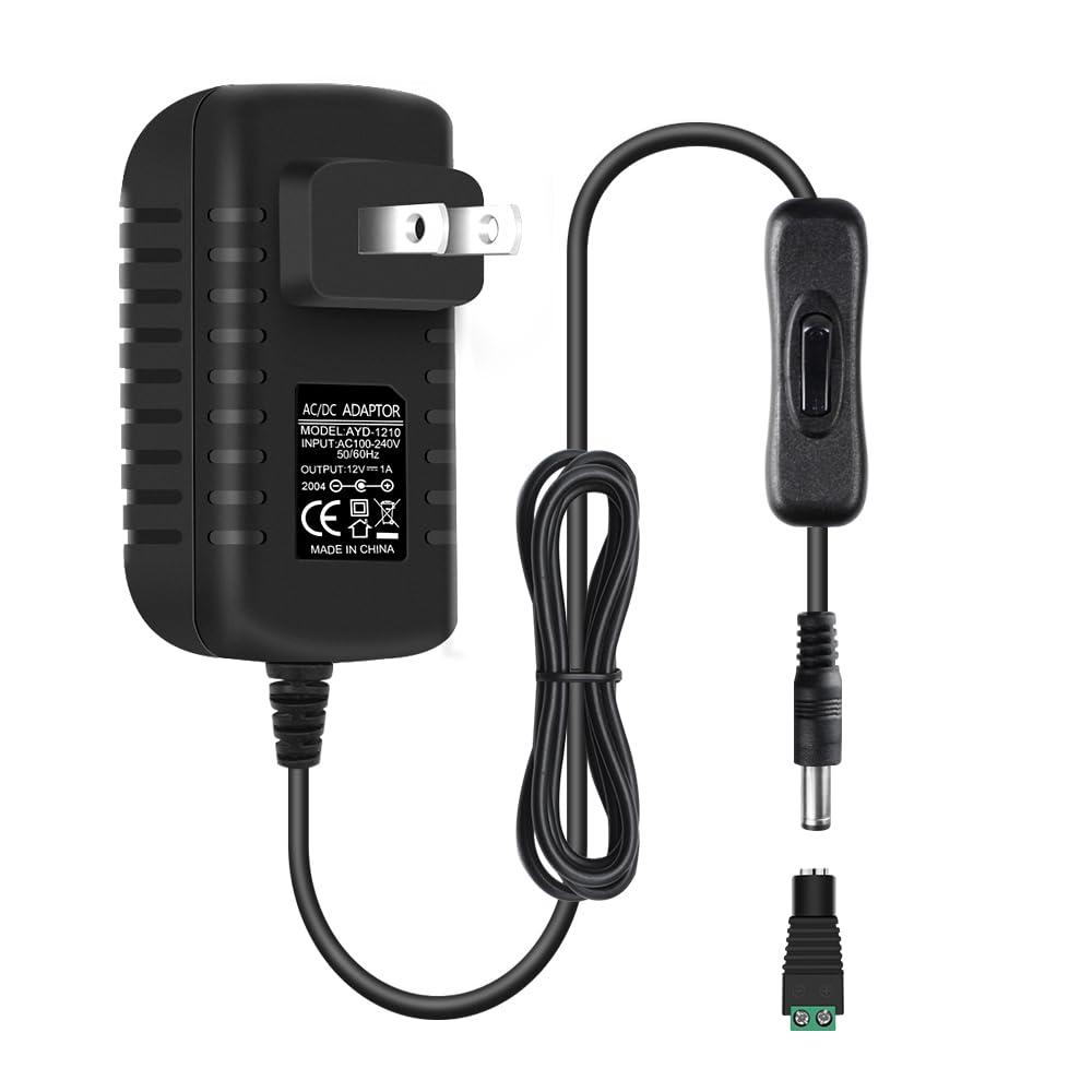 12V Power Supply, 12 Volt 1A 12W DC Power Supply with On Off Switch, Black Switching LED Power Adapter, AC 110V to 12V Transformer Plug for LED Strip Lights with 5.5/2.1 DC Female Connector