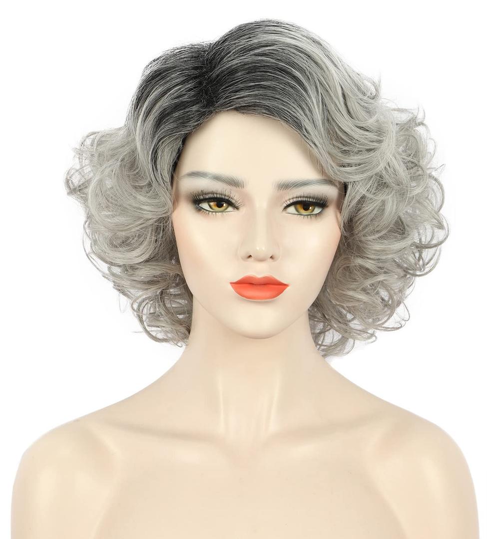 karlery Adult Women Old Lady Wig Short Curly Gray Black Root Wig Natural Looking Daily for Cosplay Costume Party (Grey and Black)