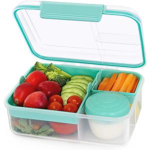 Finorder Rectangle Portable Bento Lunch Container Box with Handle, BPA Free Snack Food Container for Work Picnic Travel, 56-oz Food Grade Lunch Box with 5-oz Yogurt Cup (Mint Green)