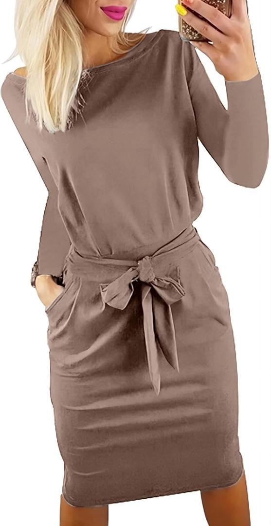 PRETTYGARDEN Women's Fall Bodycon Party Dress Casual Long Sleeve Tie Waist Fitted Sheath Pencil Dresses with Pockets (Large, Khaki)