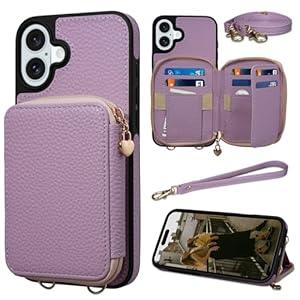 Keallce Case for iPhone 16 6.1'' Case Wallet, Crossbody Zipper Purse with RFID Blocking Card Slots Kickstand, Detachable Lanyard & Handstrap Flip Folio Leather iPhone Cover for iPhone 16, Purple