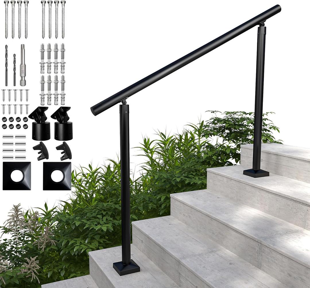 Heavy Duty Aluminum Round Handrail for Indoor or Outdoor Steps & Stairs Maximum Load Capacity 800lbs, 0-4 Steps Stair Handrail Kit, Porch & Deck (Textured Black, 4ft)