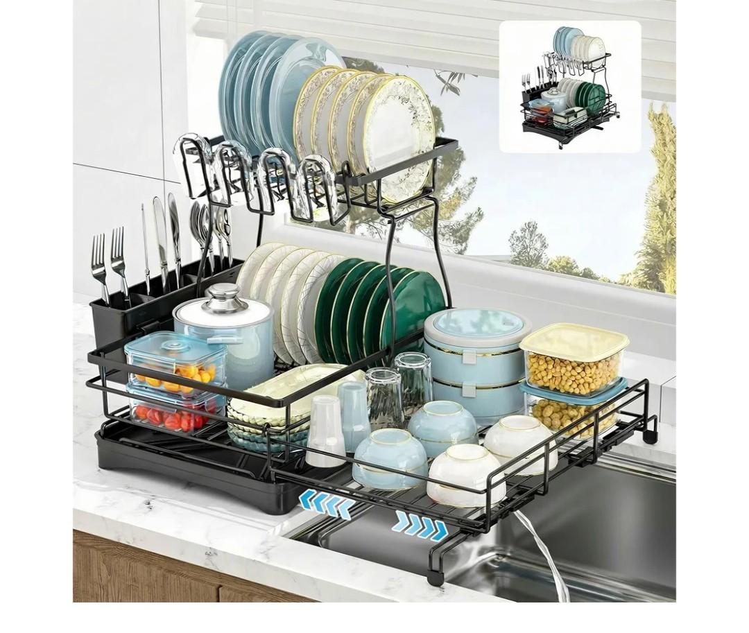 2 Tier Dish Drying Rack, Large Extendable Dish Racks for Kitchen Counter or Over Sink, Dishrack with Drainboard, 2-in-1 Anti-Rust Stainless Steel Dish Drainer with Utensil Holder & Cup Holder (Black)