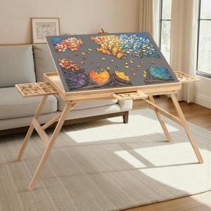 TEAKMAMA Puzzle Table 27.6" Tall 1500 Piece Puzzle Board with Drawers, 34.2" x 26.3" Adjustable 5-Tilting-Angle Jigsaw Table with Legs, Jigsaw Board for Adults, Nature, 1500pc