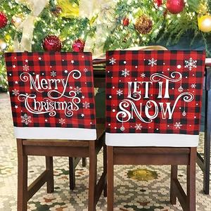 CCINEE 2pcs Christmas Chair Back Covers, Red and Black Buffalo Plaid Chair Slipcovers with Snowflake Xmas Chair Back Cover for Dining Room, Kitchen, Wedding Hotel, Xmas Party Table Decor