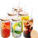 16oz Drinking Clear Cups with Bamboo Lids and Straws, 6pcs