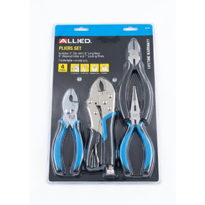 Allied 4pc Pliers 6” Slip Joint, 6”Long Nose, 6”Diagonal, 7” Locking Non-Slip, Blue