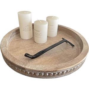 Round Wood Decorative Tray - Brown Washed Bead Tray for Coffee Table Wood Serving Tray Wooden Trays Decor Kitchen Counter Circle Tray Vintage Centerpiece for Living Room Candle Holder (15.75 inch)