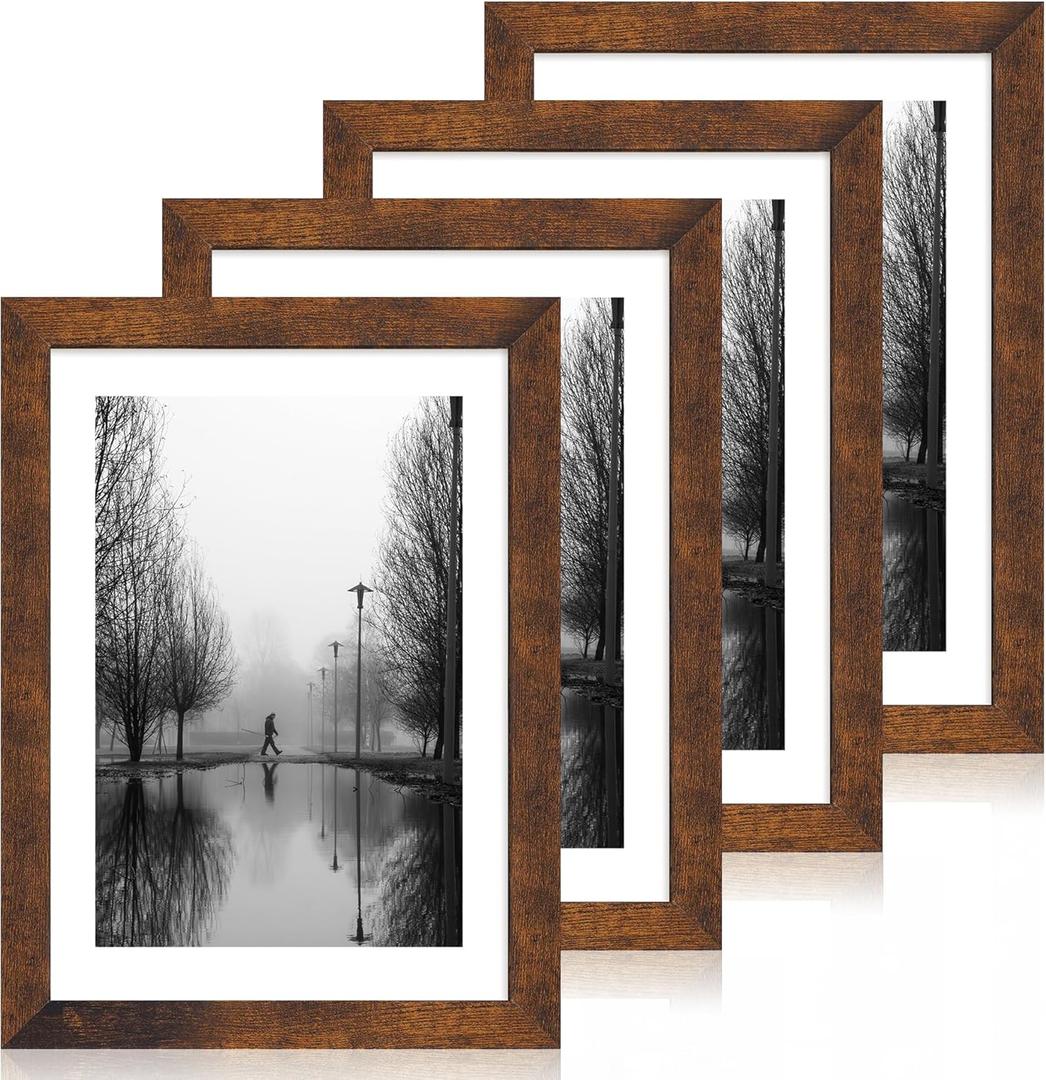 iRahmen 10x14 Picture Frame Set of 4 with Tempered Glass, Rustic Frame Display 8x12 Pictures with Mat or 10 x 14 Without Mat, Wooden Photo Frames for Wall Mounting (Dark Brown)