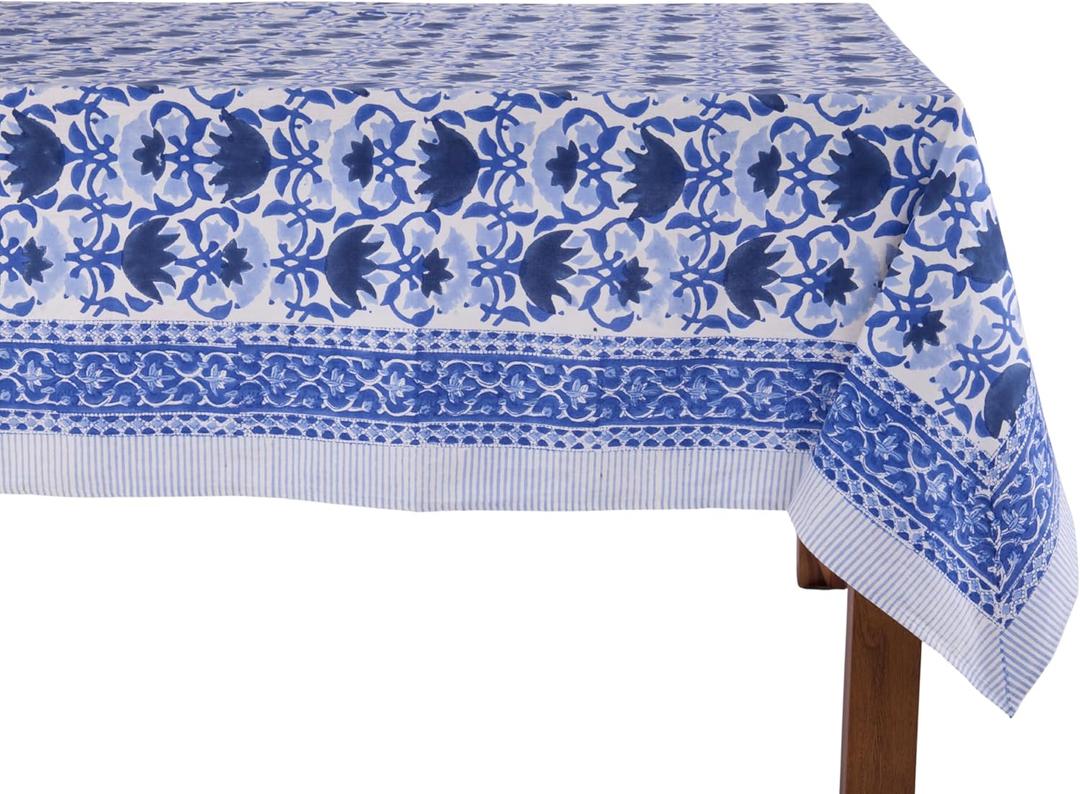 ATOSII Positano Blue 100% Cotton Rectangle Fall Tablecloth, Handblock Floral Linen Table Cloth for Dining Table I Parties Christmas Thanksgiving Grand Millennial Home Decor 72 X 108 Inches I 8 Seater