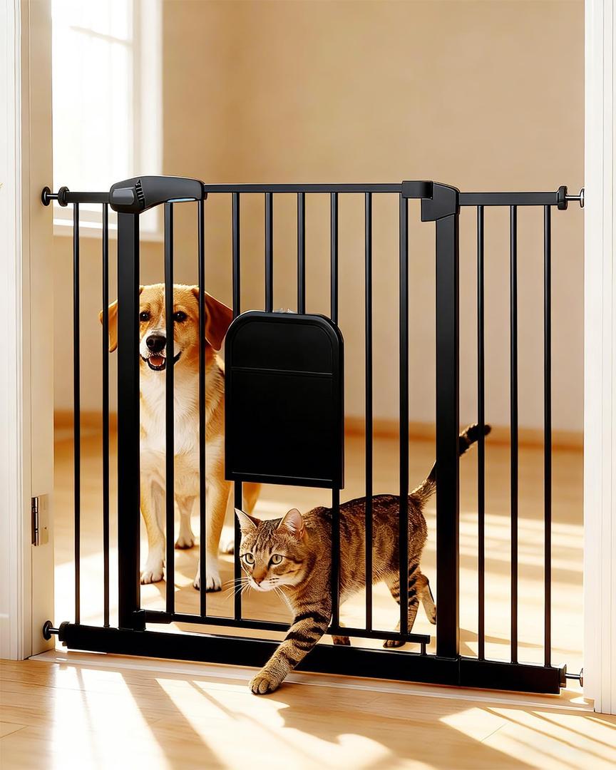 Pet Gate with Adjustable Cat Door, 31–46 Inch Pressure Mounted Dog Gate for Doorways, Stairs and Hallways, Auto Close Walk Through Metal Gate, No Drilling, Black, 29x30 inches