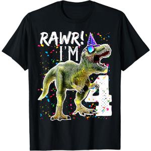Rawr I'm 4 4th Birthday T Rex Dinosaur Party Gift for Boys T-Shirt, Size S