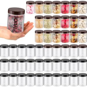 Mifoci 50 Pcs 8.45 Oz Clear Plastic Jars Containers Wide Mouth Food Storage Jar for Kitchen Dry Food Butter Honey Cosmetics Cream, Black and Brown(2.56''l X 3.35''h)