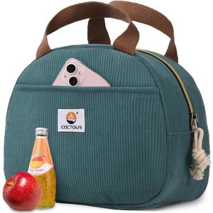 Lunch Box Lunch Bag for Women Girls Teens, Cute Lunch Box Cooler Bag, Portable Small Insulated LunchBox Reusable Corduroy Lunch Tote for Work/Travel/Picnic/School (Lake Green)