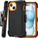 for iPhone 15 Case with Clip Belt Holster, Heavy Duty Military Grade Drop Protective Case for iPhone 15 6.1 case (Black+Orange)