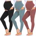 GROTEEN 3 Pack Women's Maternity Leggings with Pockets Over The Belly Workout Yoga Pregnancy Pants, Medium