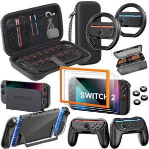 Switch 2 Accessories Bundle for Nintendo, 16-in-1 Game Kit: Carrying Case, Screen Protectors with Alignment Frame, Steering Wheels, Grips for Joycon Controller, Dockable Console Protective Cover Shell (Black (No Controller))