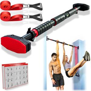 Pull Up Bar for Hallway or Doorway 6-piece Set with Two Attachable Resistance Bands/Handles, Training Manuals, No Screws Chin Up Bar, Max 680lbs, Width options: 26"-37"