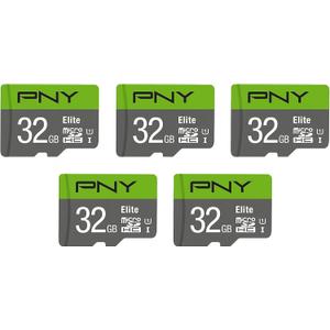 PNY 32GB Elite Class 10 U1 microSDHC Flash Memory Card - 100MB/s, Full HD, UHS-I, Micro SD, 5 Count (Pack of 1)