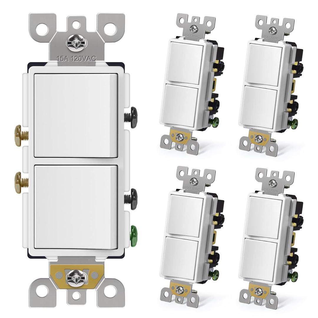 CML Double Rocker Decorator Light Switch, Two Single Pole Electrical Paddle Wall Switches, 15A 120V, Self-grounding On/Off Interrupter, UL Listed, 5 Pack, White