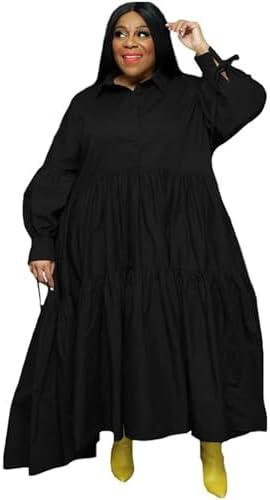 Adogirl Women's Plus Size Dress Fall Long Sleeve Button Down Ruffle Hem Bandage Oversized Loose Long Maxi Swing Dresses XL, Black