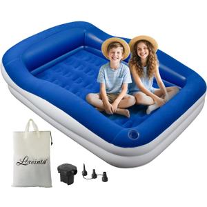Inflatable Toddler Travel Bed  Portable Toddler Bed with Safety Bumpers, Toddler Floor Bed for Travel, Camping, Sleepovers  Kids Blow Up Bed with Pump & Carry Bag (Blue)
