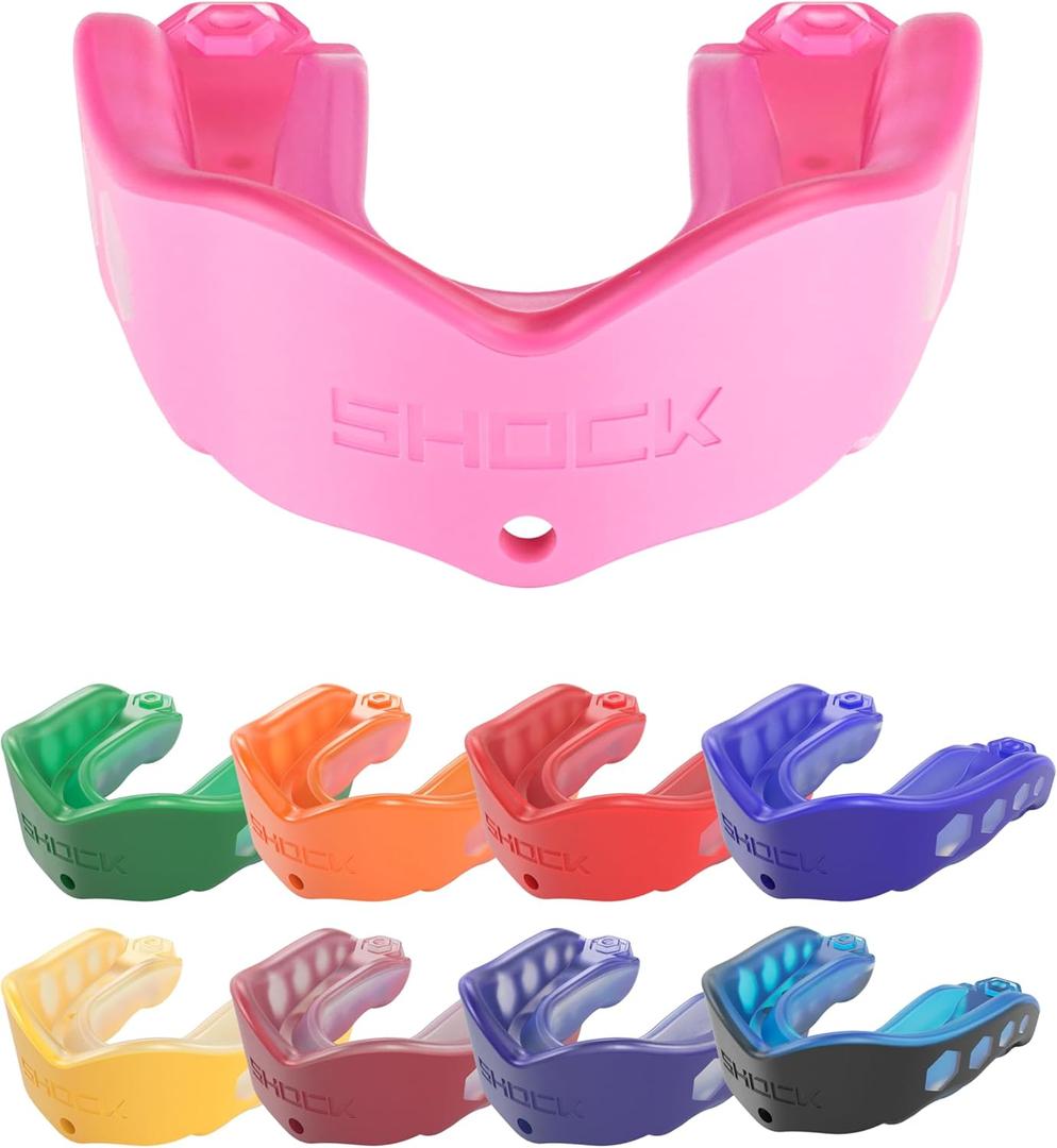 Shock Doctor Mouth Guard Sports, Hockey, Lacrosse, Baseball, Wrestling Moutguard, Gel Max Heavy Duty Protection & Custom Fit, Football Mouth Guard with Strap (Adult, Pink)