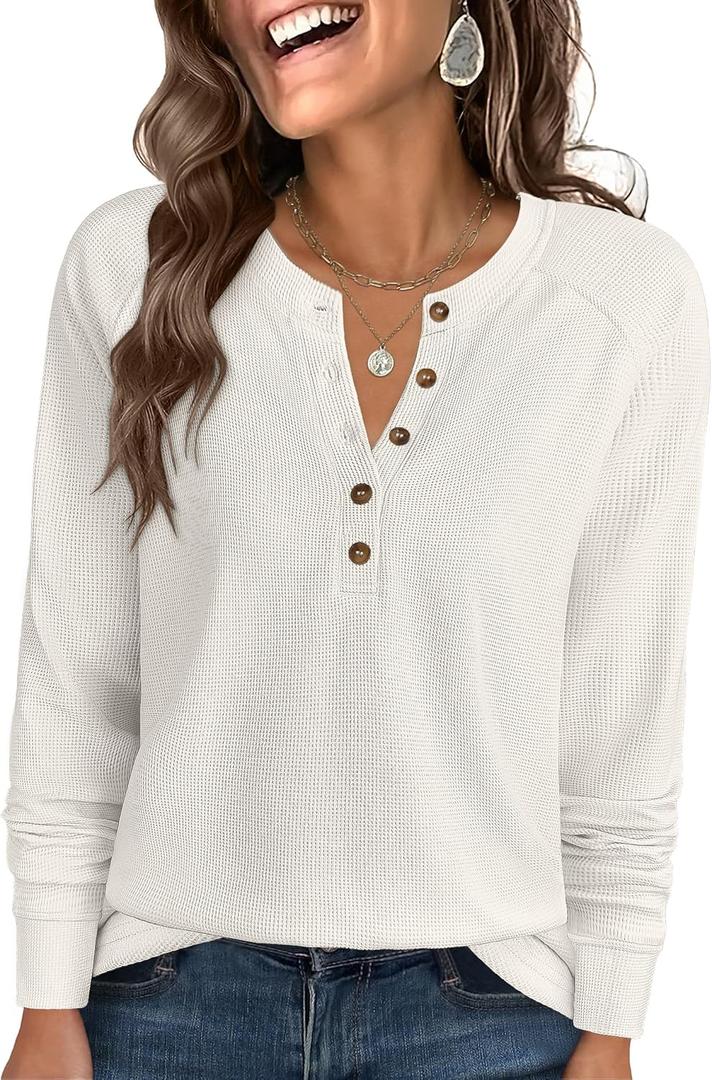 ANRABESS Women's Long Sleeve Waffle Knit Shirts Dressy Casual Loose Button Up V Neck Henley Tops 2026 Fall Basic Tee Blouse (X-Large, Beige)