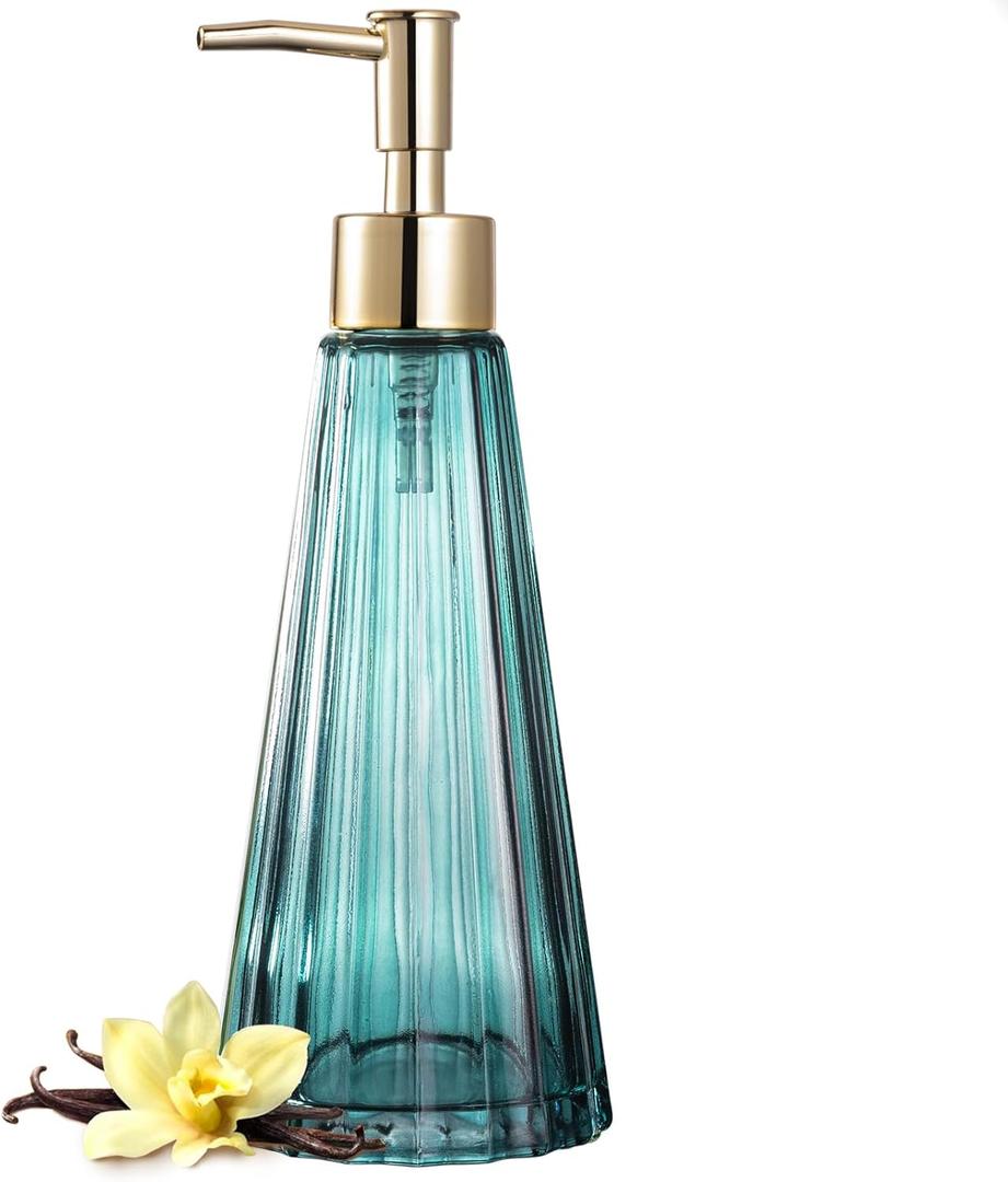 EMPO Vintage Elegant Glass Soap Dispenser, Liquid Soap/Sanitizer/Shampoo Bottle with Golden ABS Pump, Rustic Farmhouse Decor Hand Soap Dispenser Bathroom Accessories (Ocean Teal)