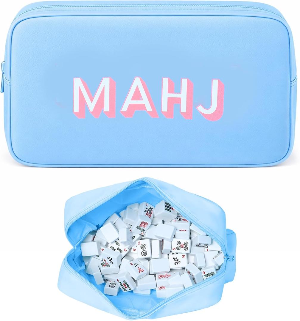 Empty Mahjong Bag Thickened American Mahjong Tiles Bag with Zipper Storage Pouch for Board Game Pieces Game Party Travel Gatherings Accessories, 10.4''x5.6'', Case Only(Mahj,Blue)