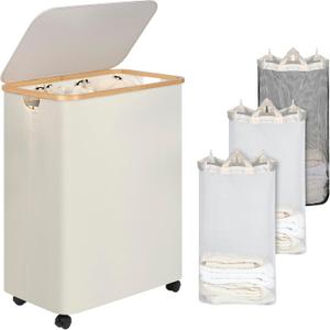 Lagre Laundry Basket with Wheels, Laundry Hamper with Lid, 160L Clothes Hamper for Laundry with 3 Liner Bags, for Laundry Room, Bedroom, Dormitory Organization, Beige
