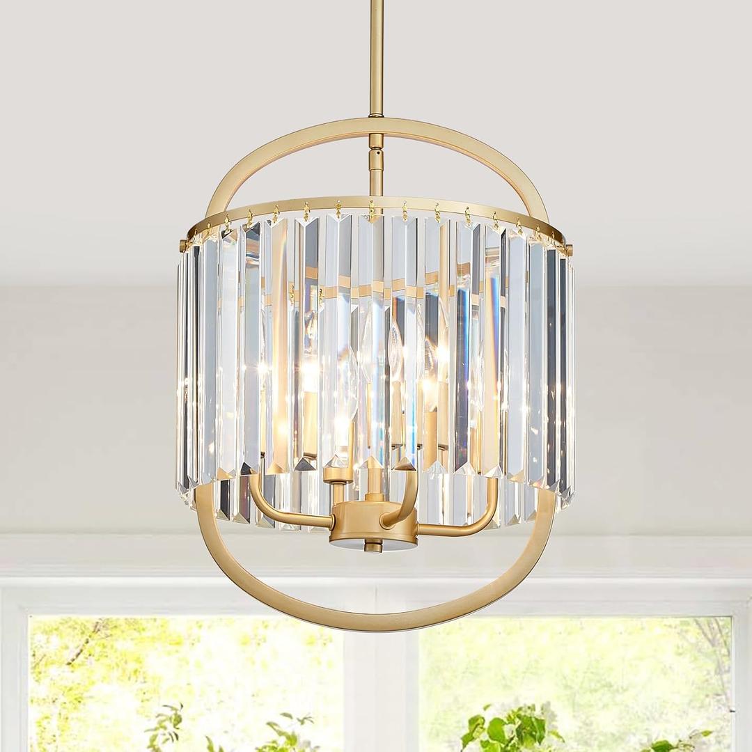 4-Light Modern Small Crystal Chandelier Mini Gold Pendant Lighting 12.8" Crystal Lamp for Closet Bedroom Foyer Dining Room Hanging Ceiling Light Fixture