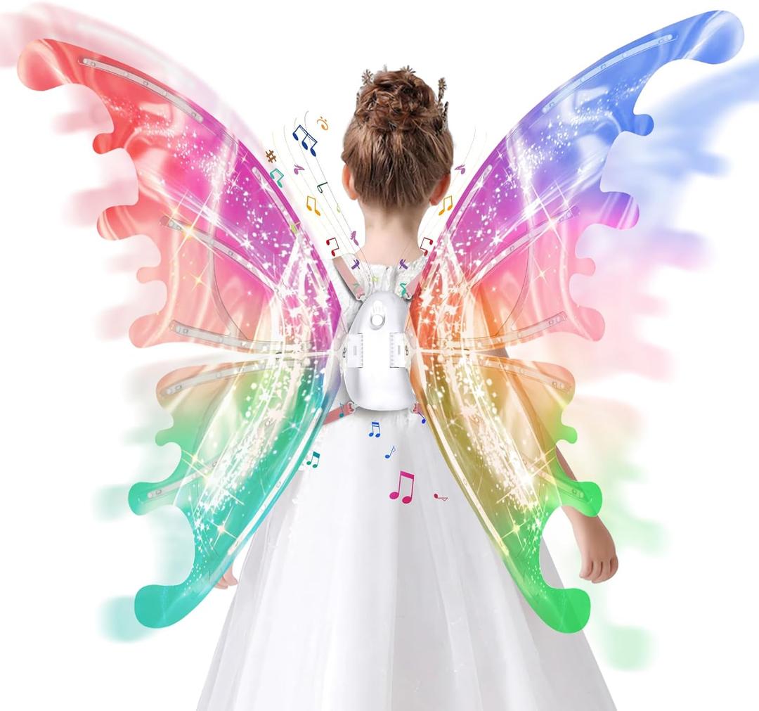 Electric Fairy Wings for Girls, Light Up Moving Butterfly Wings with LED Lights and Music, Toy for Kids as Halloween Valentine Birthday Christmas Party Costume Princess Cosplay Dress Up Gift (Multicolored)