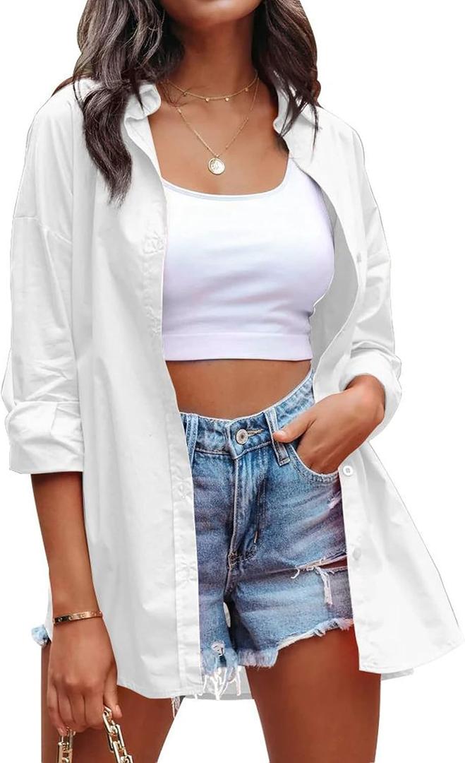 HangNiFang Womens Oversized Button Down Shirts Long Sleeve Loose Fit Work Dressy Blouses Tops (XX-Large, White)