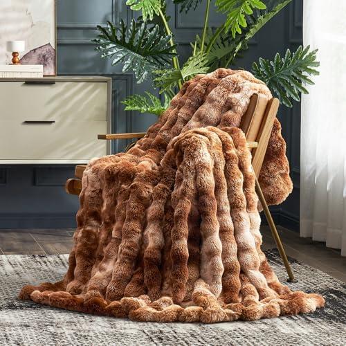 Cozy Bliss Faux Fur Throw Blanket for Couch, Fuzzy Soft Plush Thick Bubble Blanket for Sofa Bedroom Living Room, 50 * 60 Inches Tie Dye Brown