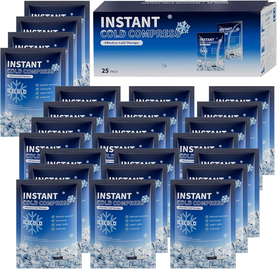 Instant Ice Cold Packs, 25 Pack 4.4" x 6"Disposable Ice Packs for Injuries, Pain Relief, No Freeze Needed Cold Compress for First Aid, Athletes (EXP 07/08/26)