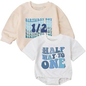 KOLNAMDINH 2PCS Baby Girl Boy Halfway to One Birthday Rompers – 1/2 Way to One Bodysuit Outfit, Cute Sweatshirt Set, 6-12M