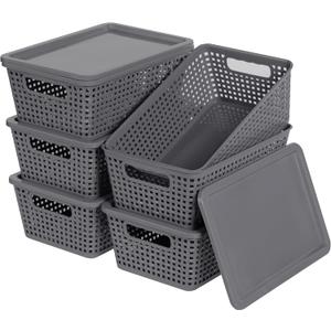 Plastic Storage Baskets With Lid, Storage Bins for Organizing, Stackable Decorative Containers for Shelves Drawers Desktop Closet Playroom Classroom Office, 6 Pack-Grey