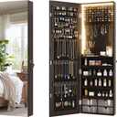 Vlsrka 47.2" LED Jewelry Mirror Cabinet, Wall/Door Mounted Jewelry Armoire Organizer with Full Length Mirror, Hanging Storage Cabinet with 4 Drawers, 5 Shelves, Built-in Lighted Mirror, (Dark Brown)