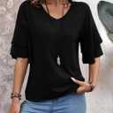 Womens Blouses Ruffle Sleeve Top V Neck Shirts Casual Outfit Bell Sleeve Cute Tee Spring Fall Summer Fashion Clothes (Black, M)