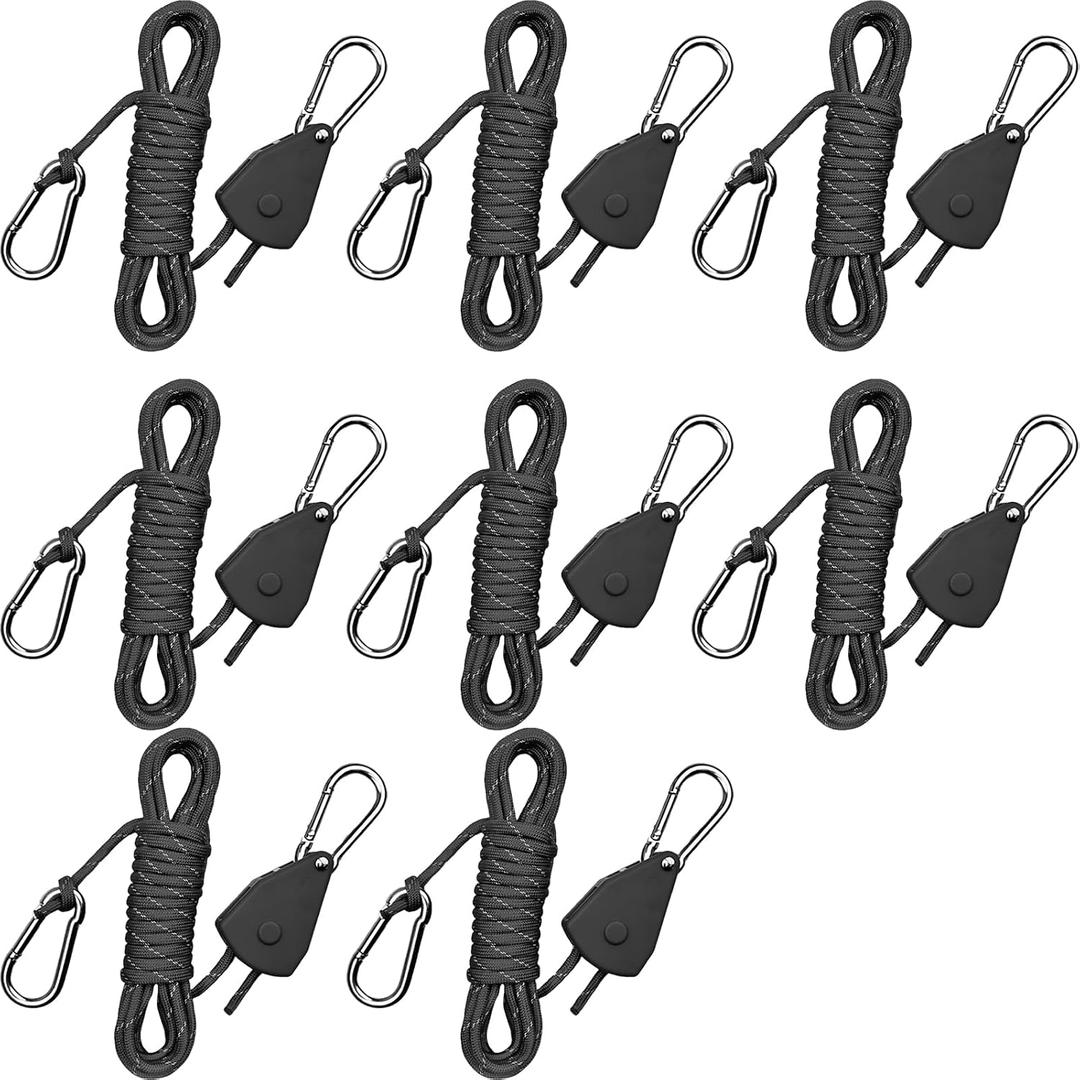 Longer 15ft Paracord Rope Tie Down Ratchet Strap Small Reflective Portable Adjustable Fix Camping Rope Tent Tarp Tie Downs Grow Plant Light Hangers Pulley Tightener Tensioner Adjuster 1/8in 8Pack