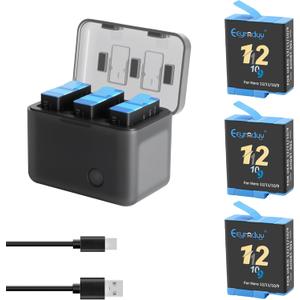 Rechargeable Battery Replacement for Gopro Hero 9/Hero 10/Hero 11/Hero 12 Black Camera 3-Pack Batteries and 3-Channel USB Charger Combo Compatible with adapters Power Cords USB Port