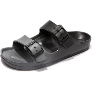 FUNKYMONKEY Women's Comfort Slides Double Buckle Adjustable Plastics Flat Sandals (6, Black/Grey)