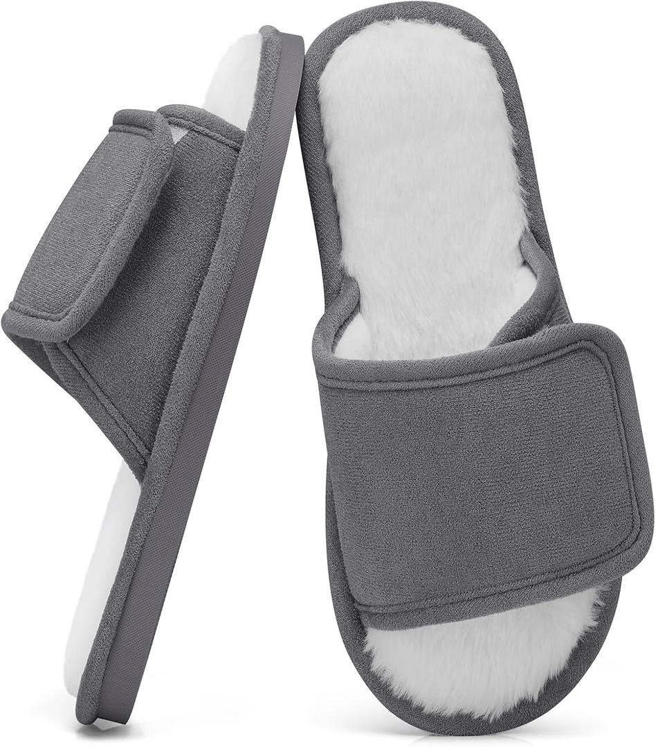 SHIBEVER Women's Slippers Fuzzy Open Toe Slip On Indoor House Shoes Comfy Bedroom Women Slippers (Gray)