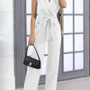 Women's Elegant Jumpsuits V Neck Sleeveless Straight Belted Long Pants Business Suits Set with Pockets, White M