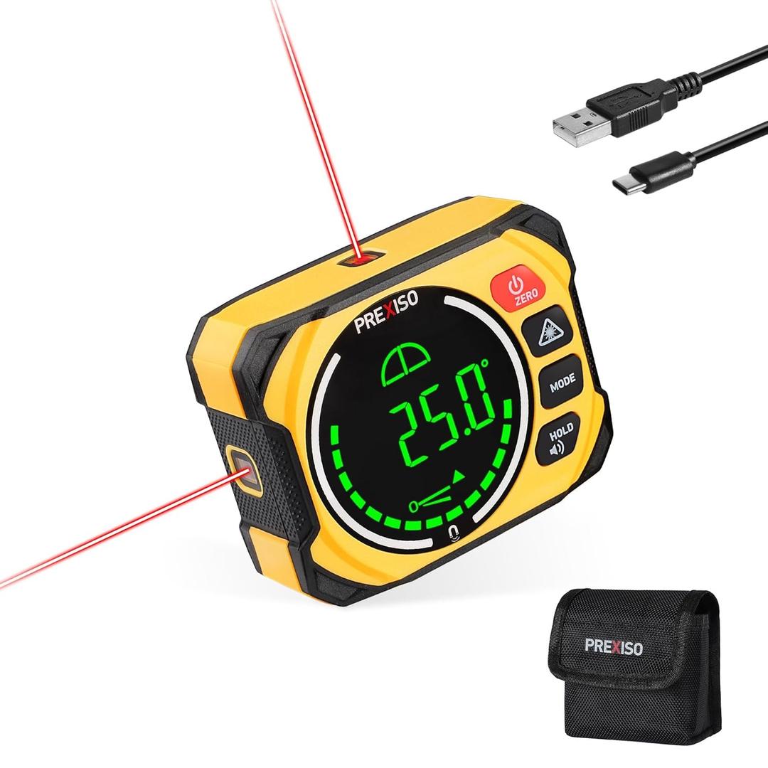 PREXISO 3in1 Multi Surface Laser Level with Digital Angle Gauge Magnetic, Rechargeable Digital Level with Wall Mount Base, 090° & 0180°, Angle Finder Cross Line for Woodwork, Saw, Hanging Frames