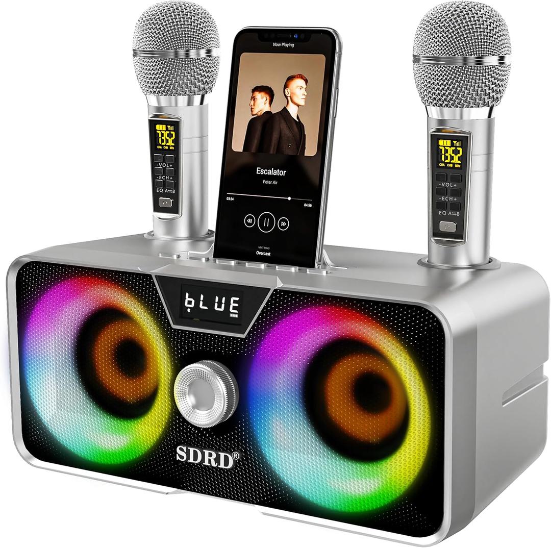 Karaoke Machine for Adults and Kids with 2 UHF Wireless Microphones,Portable Bluetooth Speaker PA Speaker System with LED Party Lights for Home Party, Picnic,Car,Outdoor/Indoor/Birthday Gifts (Grey)