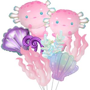 11Pcs Pink Axolotl Balloons,Seashell/Coral/Seaweed Balloon For Axolotl Birthday Party Decoration/Under the sea/Mermaid Party Supplies Balloons/Axolotl Baby shower/Pixel Game Axolotl Party