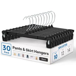 Smartor Pants Hangers - 30 Pack, Plastic Pant Hanger with Non-Slip Big Clips, Bottom Hangers for Men with Rotatable Chrome Hook, Shorts Hanger for Women Strong Clamp Pant Organizer (10 Inch, Black)